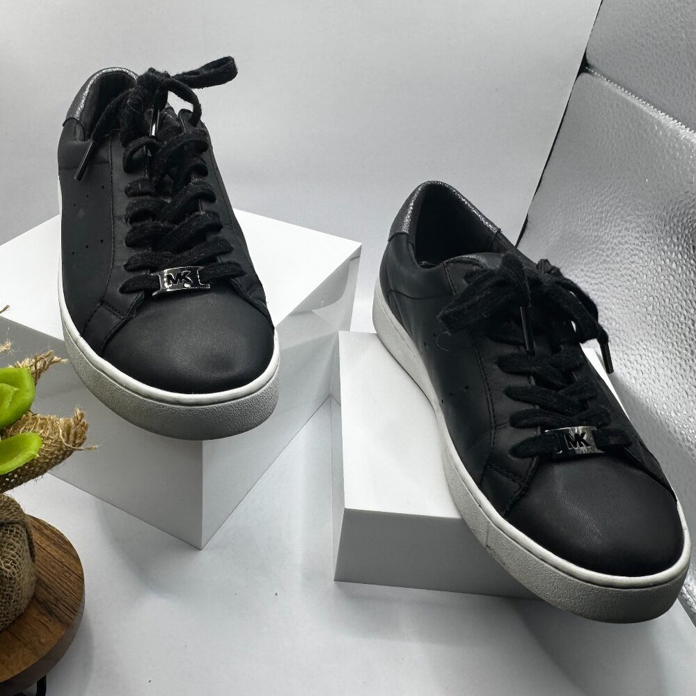 Michael Kors Black Leather Sneakers MK Logo Lace Up Shoes